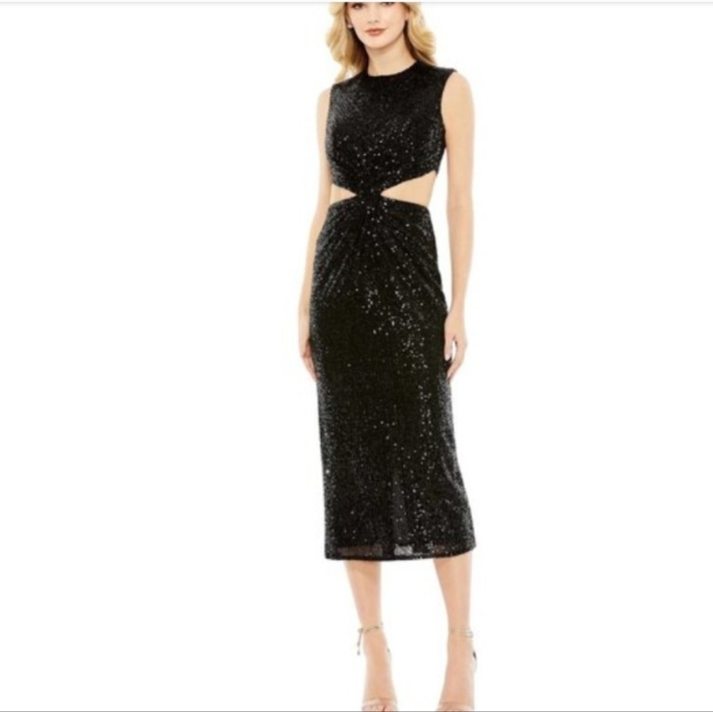 Mac Duggal 27022 Black Cut-Out Twisted Knot Sheath Sequin Midi Gown No Sleeve